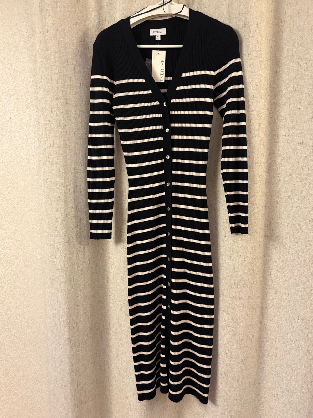 Evereve Black and White Striped Ribbed Button-Front Midi Dress